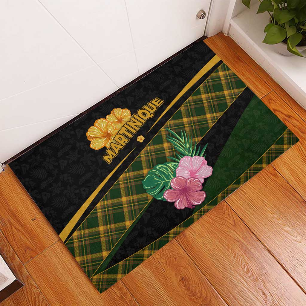 Martinique Heritage Rubber Doormat Hibiscus Floral Design with Green and Yellow Madras Tartan