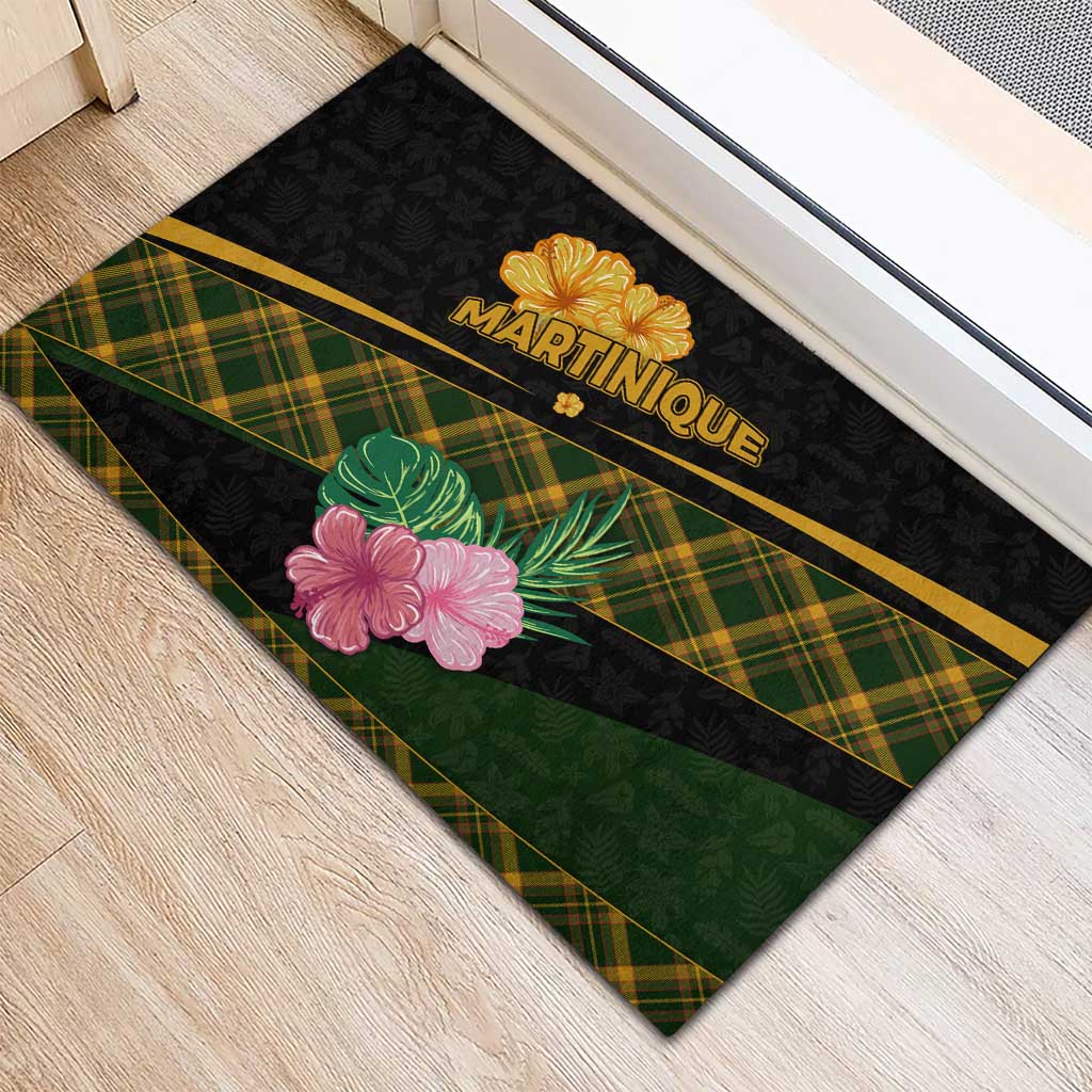 Martinique Heritage Rubber Doormat Hibiscus Floral Design with Green and Yellow Madras Tartan