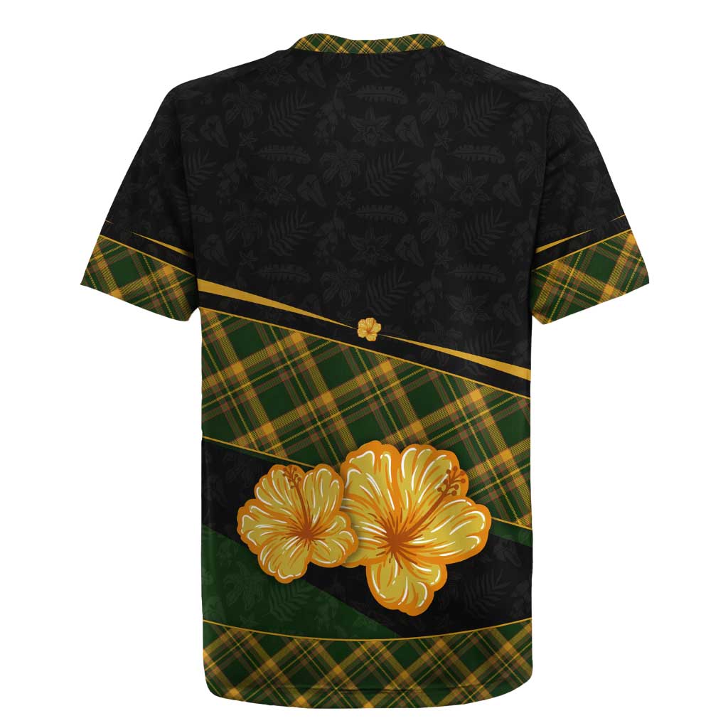 Martinique Heritage Rugby Jersey Hibiscus Floral Design with Green and Yellow Madras Tartan
