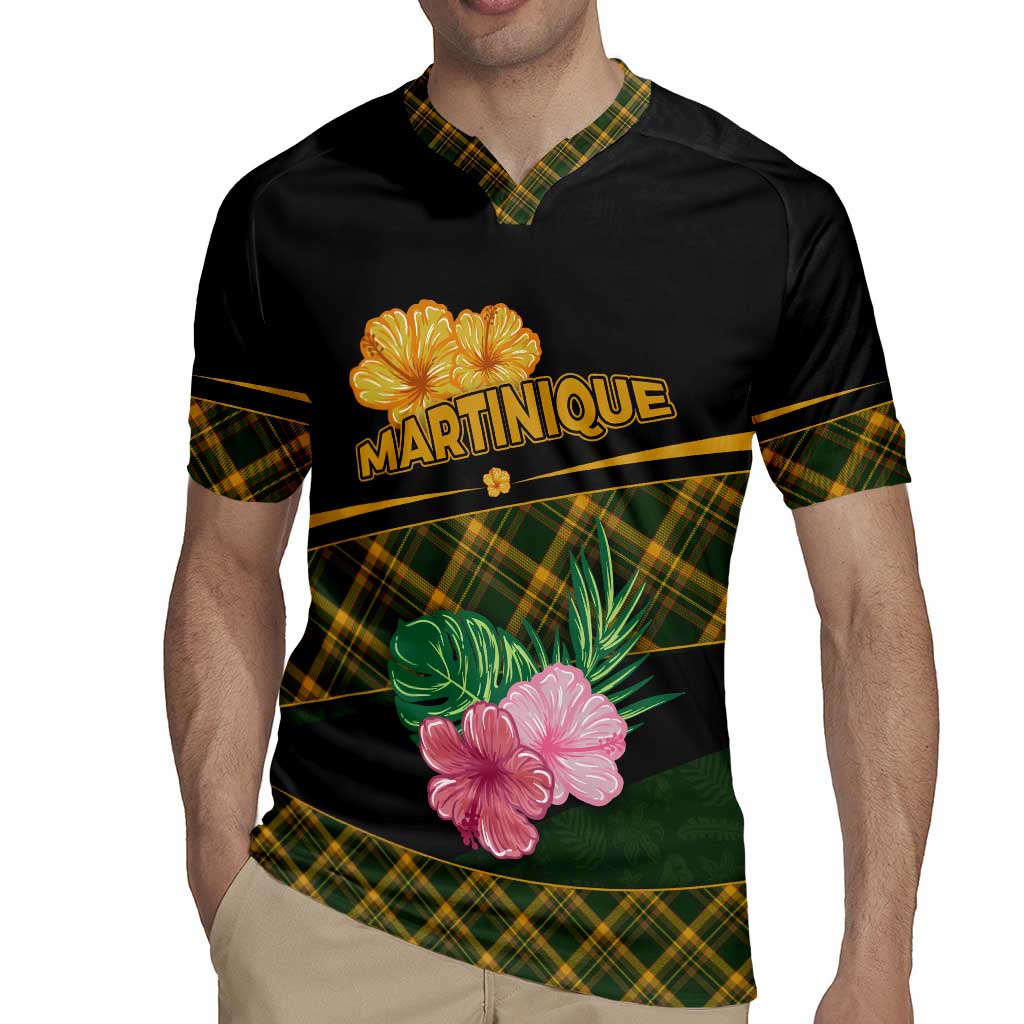 Martinique Heritage Rugby Jersey Hibiscus Floral Design with Green and Yellow Madras Tartan