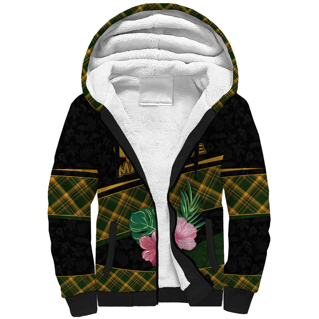 Martinique Heritage Sherpa Hoodie Hibiscus Floral Design with Green and Yellow Madras Tartan