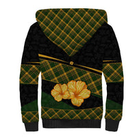 Martinique Heritage Sherpa Hoodie Hibiscus Floral Design with Green and Yellow Madras Tartan