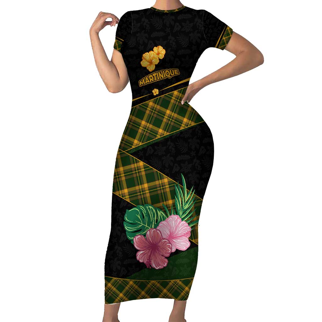 Martinique Heritage Short Sleeve Bodycon Dress Hibiscus Floral Design with Green and Yellow Madras Tartan