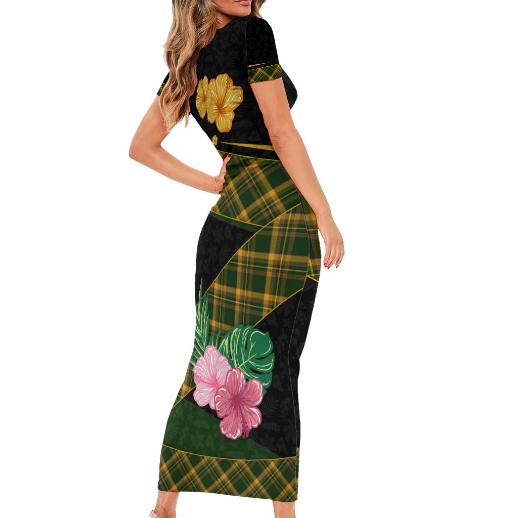 Martinique Heritage Short Sleeve Bodycon Dress Hibiscus Floral Design with Green and Yellow Madras Tartan