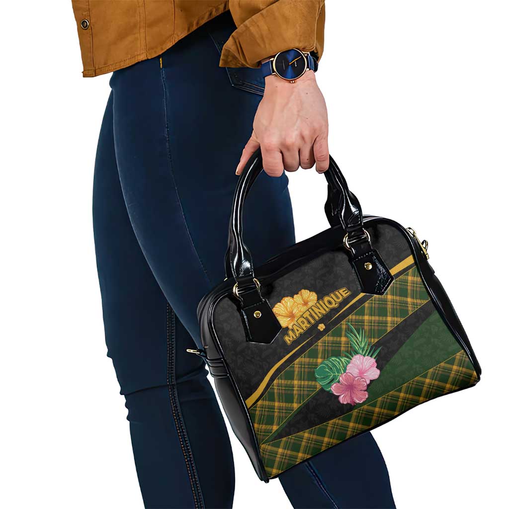 Martinique Heritage Shoulder Handbag Hibiscus Floral Design with Green and Yellow Madras Tartan