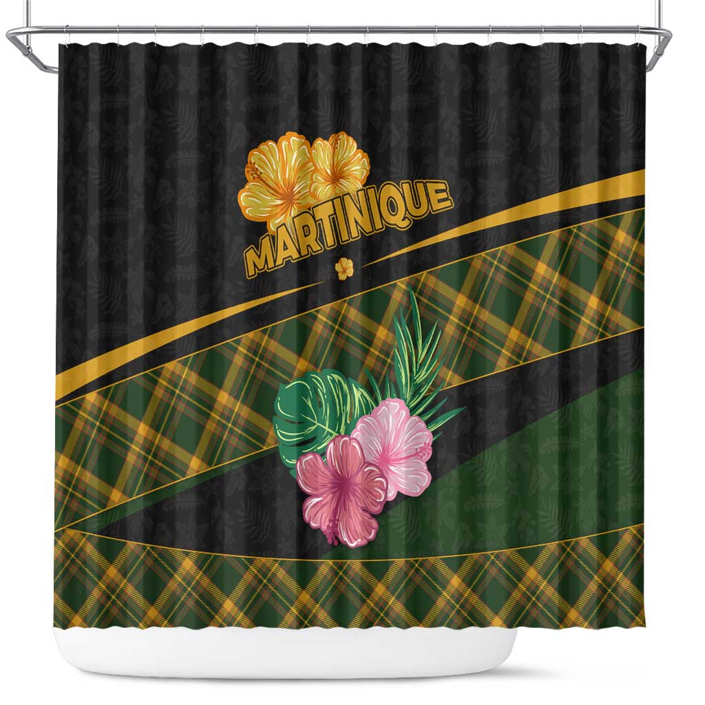 Martinique Heritage Shower Curtain Hibiscus Floral Design with Green and Yellow Madras Tartan