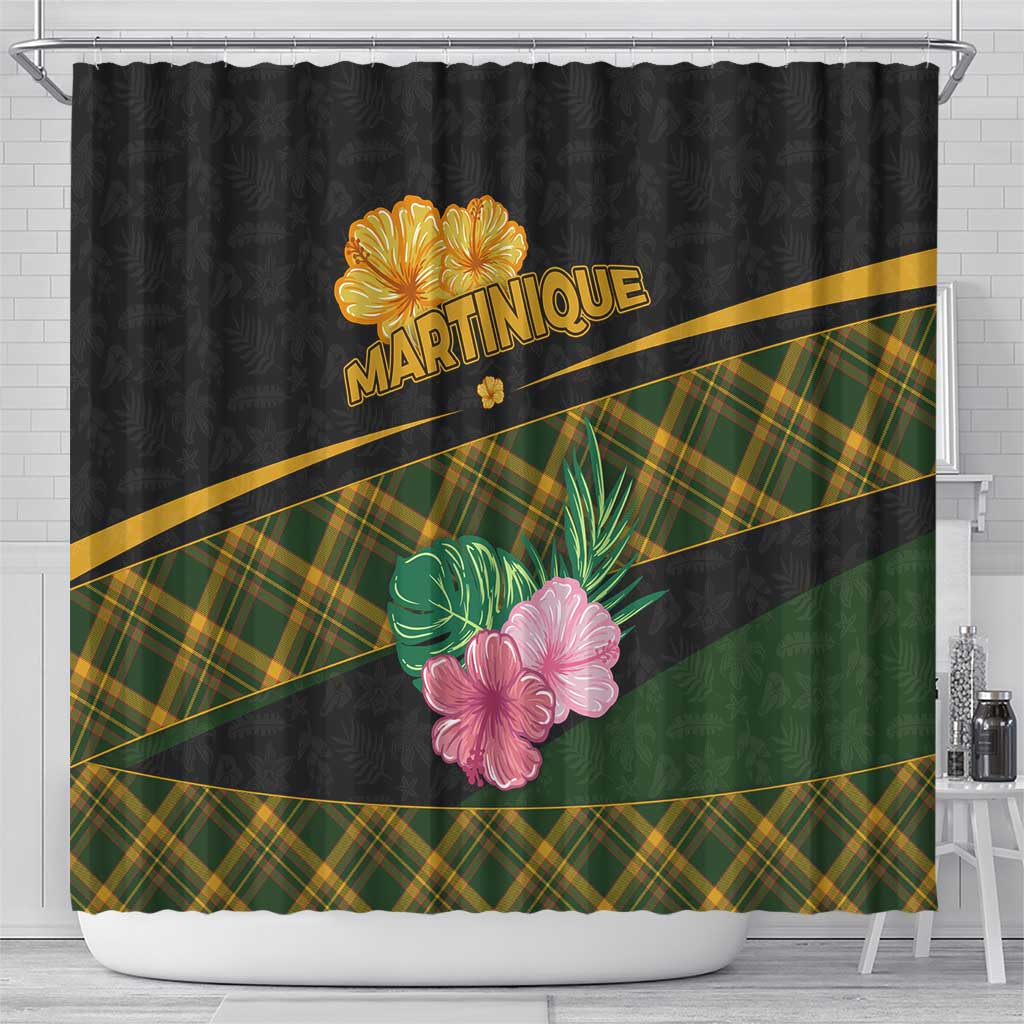 Martinique Heritage Shower Curtain Hibiscus Floral Design with Green and Yellow Madras Tartan