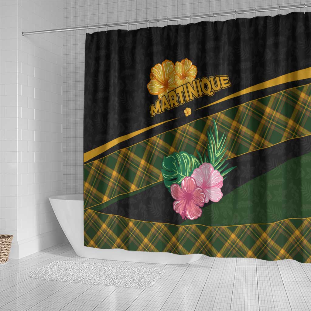 Martinique Heritage Shower Curtain Hibiscus Floral Design with Green and Yellow Madras Tartan