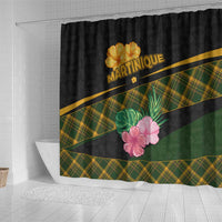 Martinique Heritage Shower Curtain Hibiscus Floral Design with Green and Yellow Madras Tartan