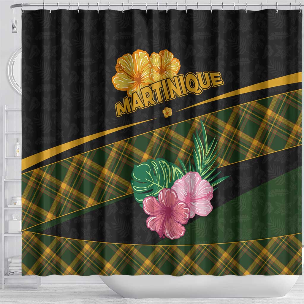Martinique Heritage Shower Curtain Hibiscus Floral Design with Green and Yellow Madras Tartan