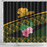 Martinique Heritage Shower Curtain Hibiscus Floral Design with Green and Yellow Madras Tartan