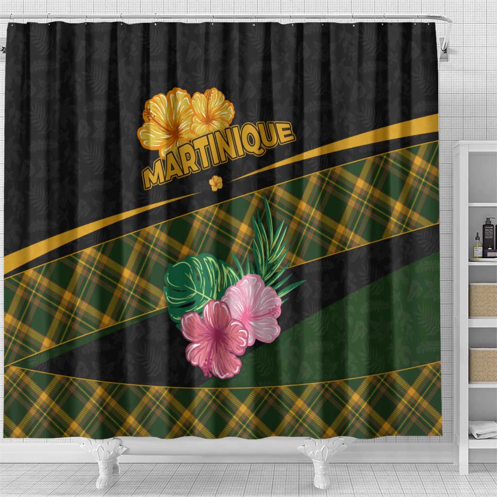 Martinique Heritage Shower Curtain Hibiscus Floral Design with Green and Yellow Madras Tartan