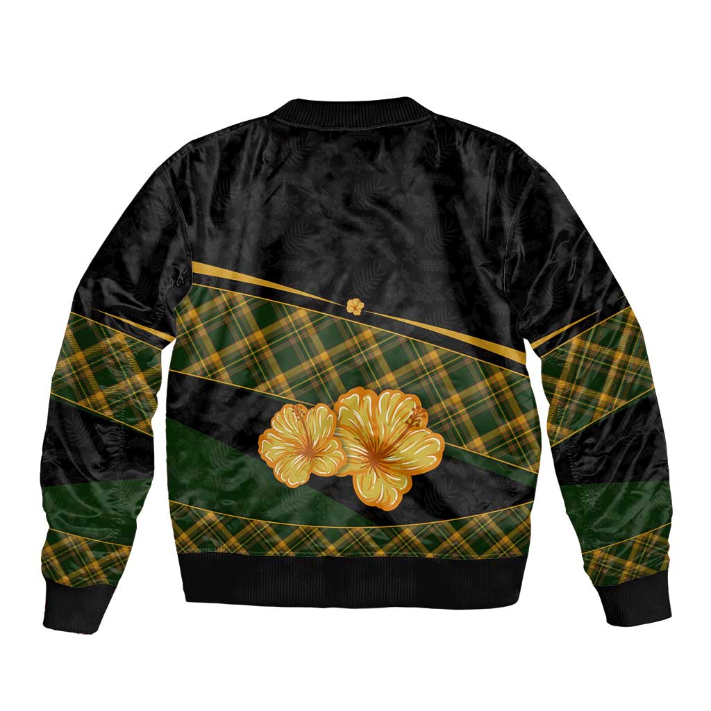 Martinique Heritage Sleeve Zip Bomber Jacket Hibiscus Floral Design with Green and Yellow Madras Tartan