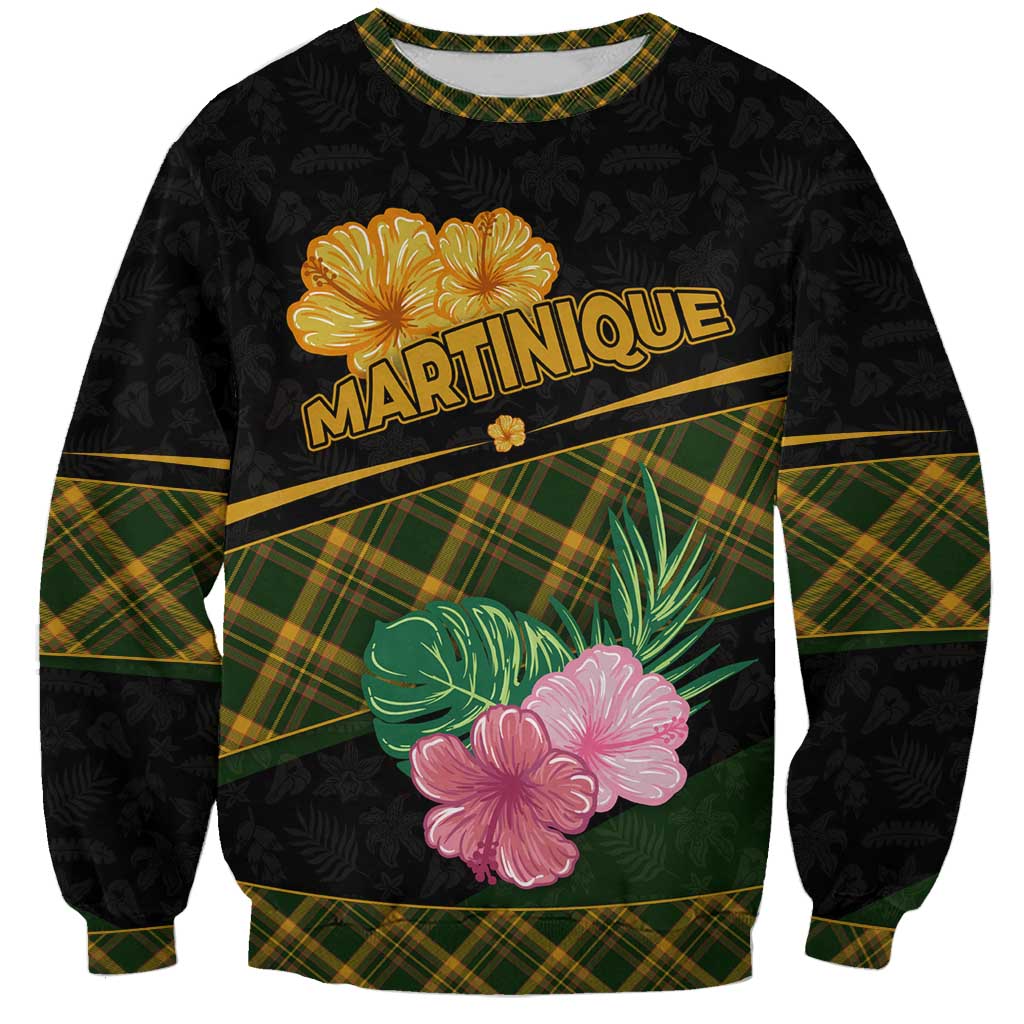 Martinique Heritage Sweatshirt Hibiscus Floral Design with Green and Yellow Madras Tartan