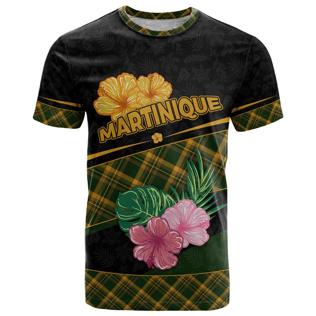 Martinique Heritage T Shirt Hibiscus Floral Design with Green and Yellow Madras Tartan