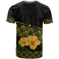 Martinique Heritage T Shirt Hibiscus Floral Design with Green and Yellow Madras Tartan