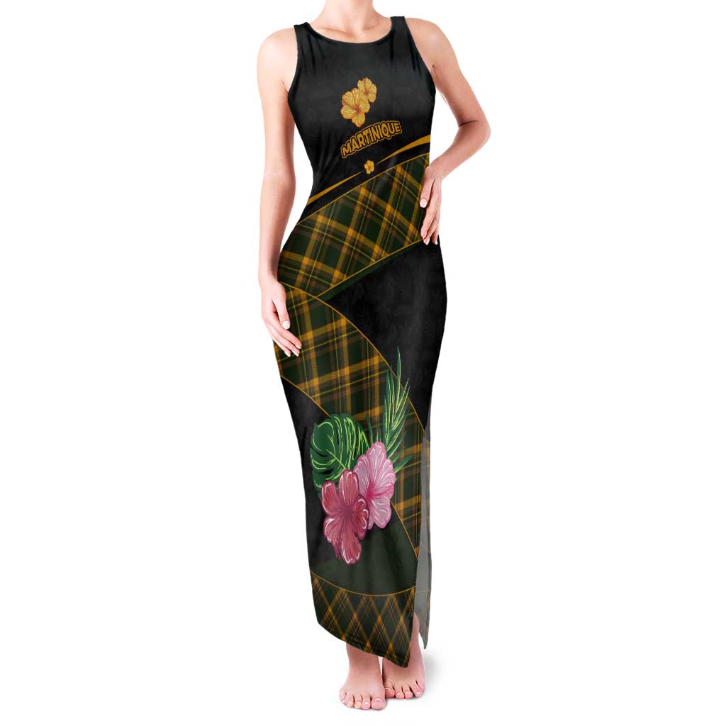 Martinique Heritage Tank Maxi Dress Hibiscus Floral Design with Green and Yellow Madras Tartan