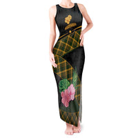 Martinique Heritage Tank Maxi Dress Hibiscus Floral Design with Green and Yellow Madras Tartan