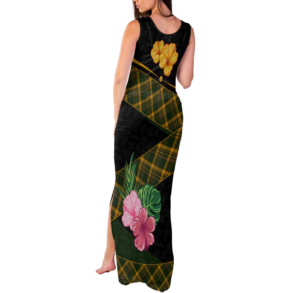 Martinique Heritage Tank Maxi Dress Hibiscus Floral Design with Green and Yellow Madras Tartan