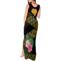 Martinique Heritage Tank Maxi Dress Hibiscus Floral Design with Green and Yellow Madras Tartan