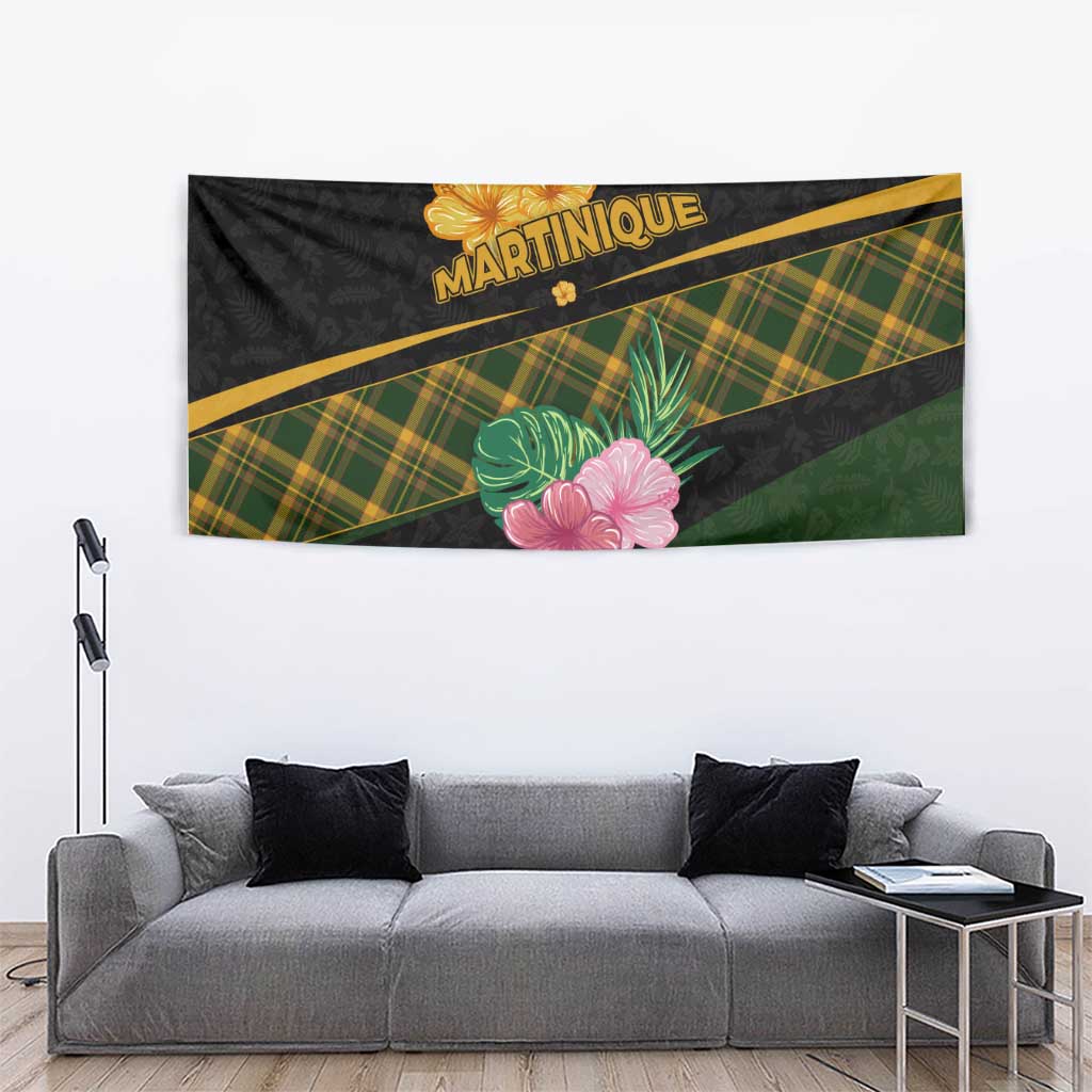 Martinique Heritage Tapestry Hibiscus Floral Design with Green and Yellow Madras Tartan