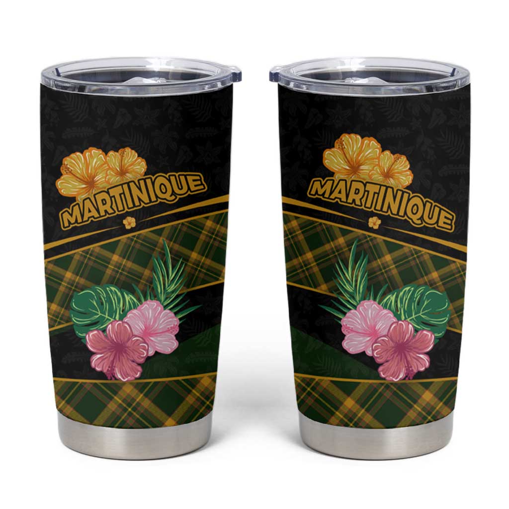 Martinique Heritage Tumbler Cup Hibiscus Floral Design with Green and Yellow Madras Tartan