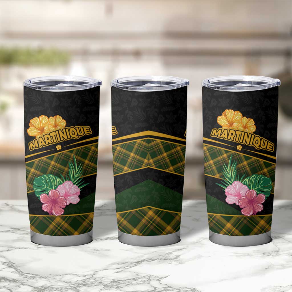 Martinique Heritage Tumbler Cup Hibiscus Floral Design with Green and Yellow Madras Tartan