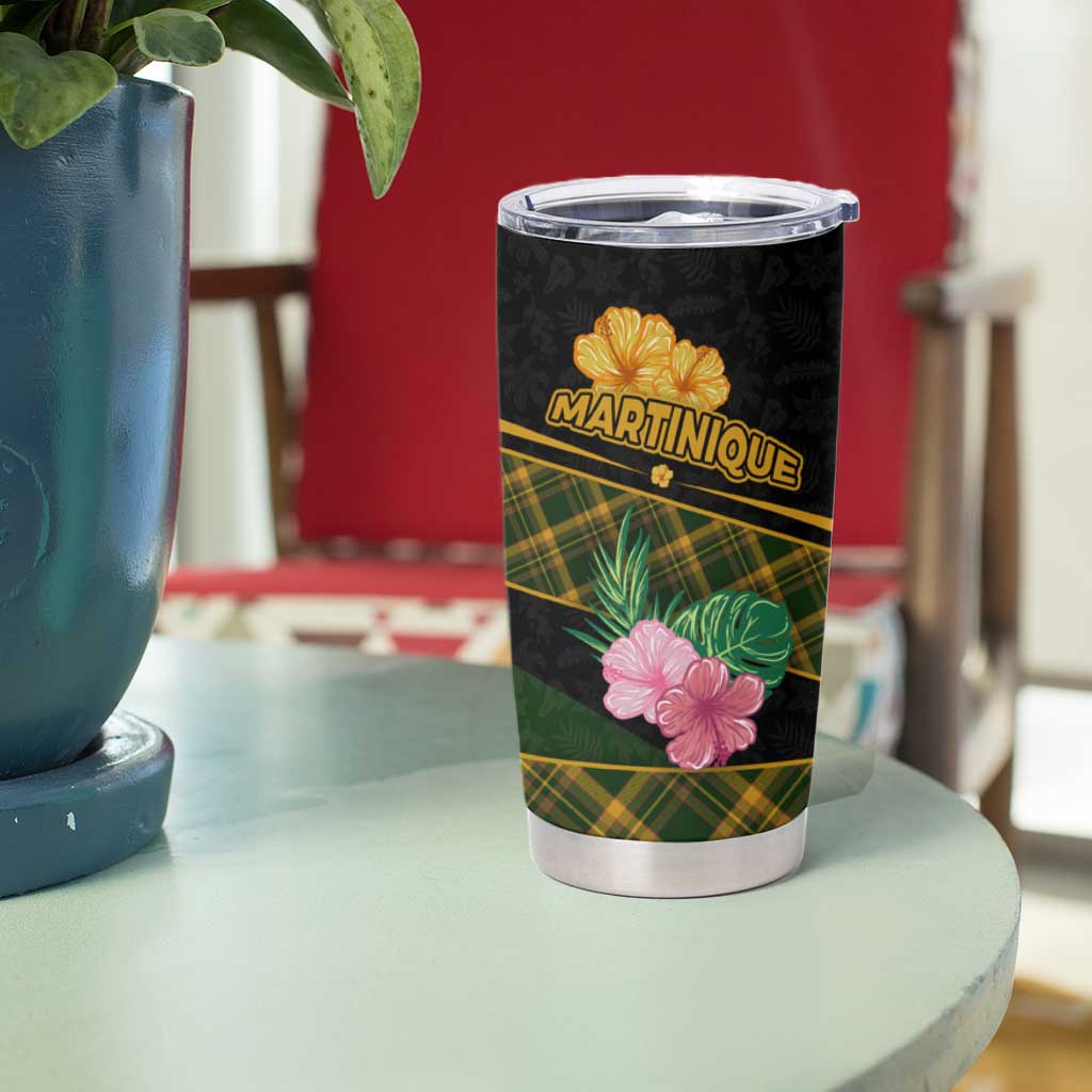 Martinique Heritage Tumbler Cup Hibiscus Floral Design with Green and Yellow Madras Tartan