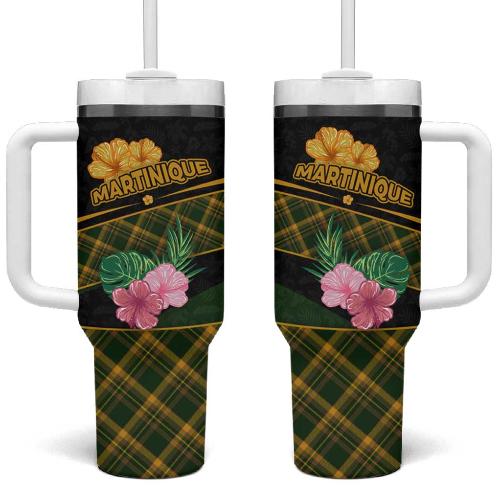 Martinique Heritage Tumbler With Handle Hibiscus Floral Design with Green and Yellow Madras Tartan
