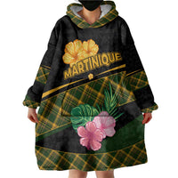 Martinique Heritage Wearable Blanket Hoodie Hibiscus Floral Design with Green and Yellow Madras Tartan