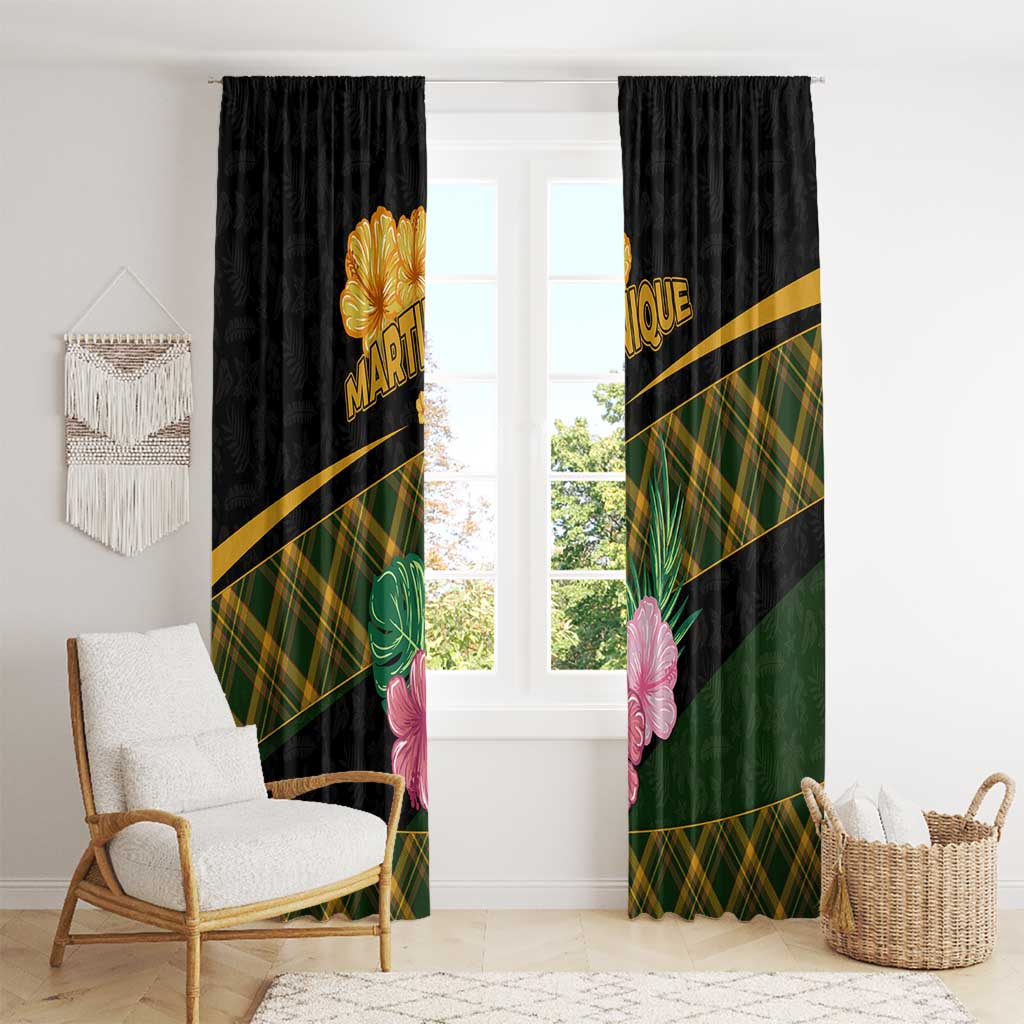 Martinique Heritage Window Curtain Hibiscus Floral Design with Green and Yellow Madras Tartan