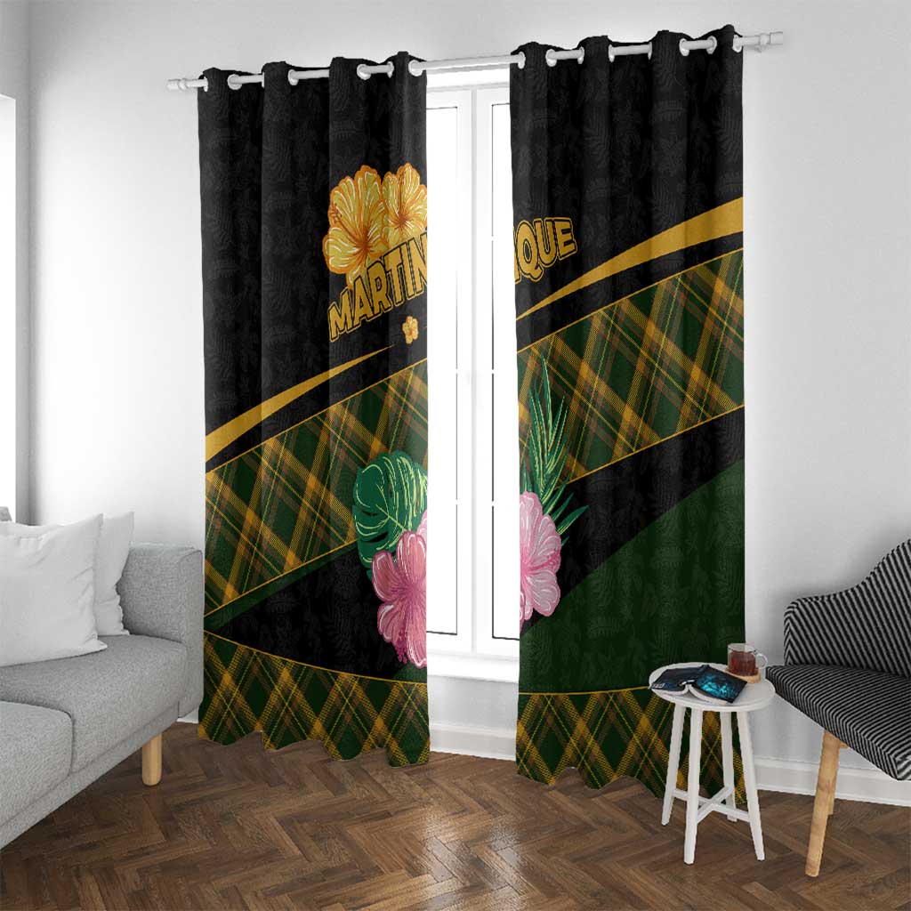 Martinique Heritage Window Curtain Hibiscus Floral Design with Green and Yellow Madras Tartan