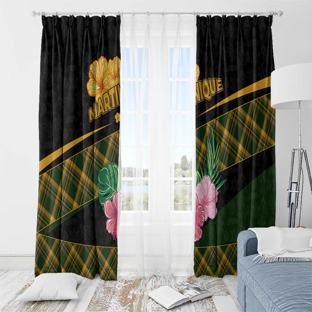 Martinique Heritage Window Curtain Hibiscus Floral Design with Green and Yellow Madras Tartan