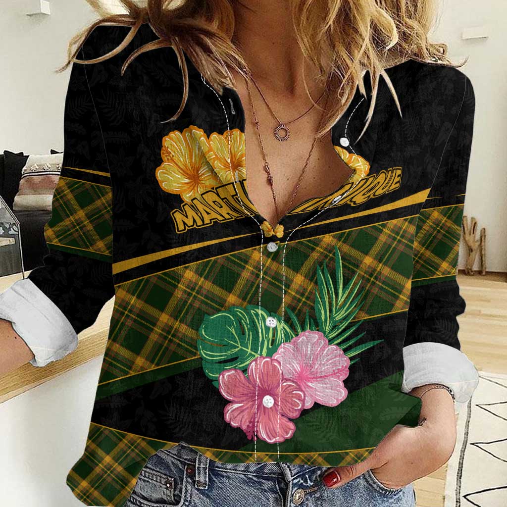 Martinique Heritage Women Casual Shirt Hibiscus Floral Design with Green and Yellow Madras Tartan