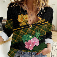 Martinique Heritage Women Casual Shirt Hibiscus Floral Design with Green and Yellow Madras Tartan