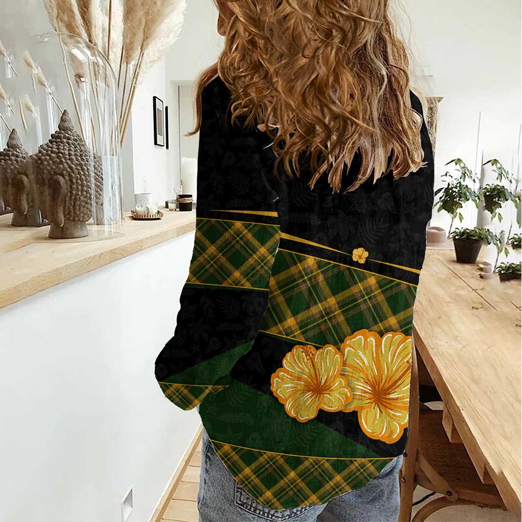 Martinique Heritage Women Casual Shirt Hibiscus Floral Design with Green and Yellow Madras Tartan
