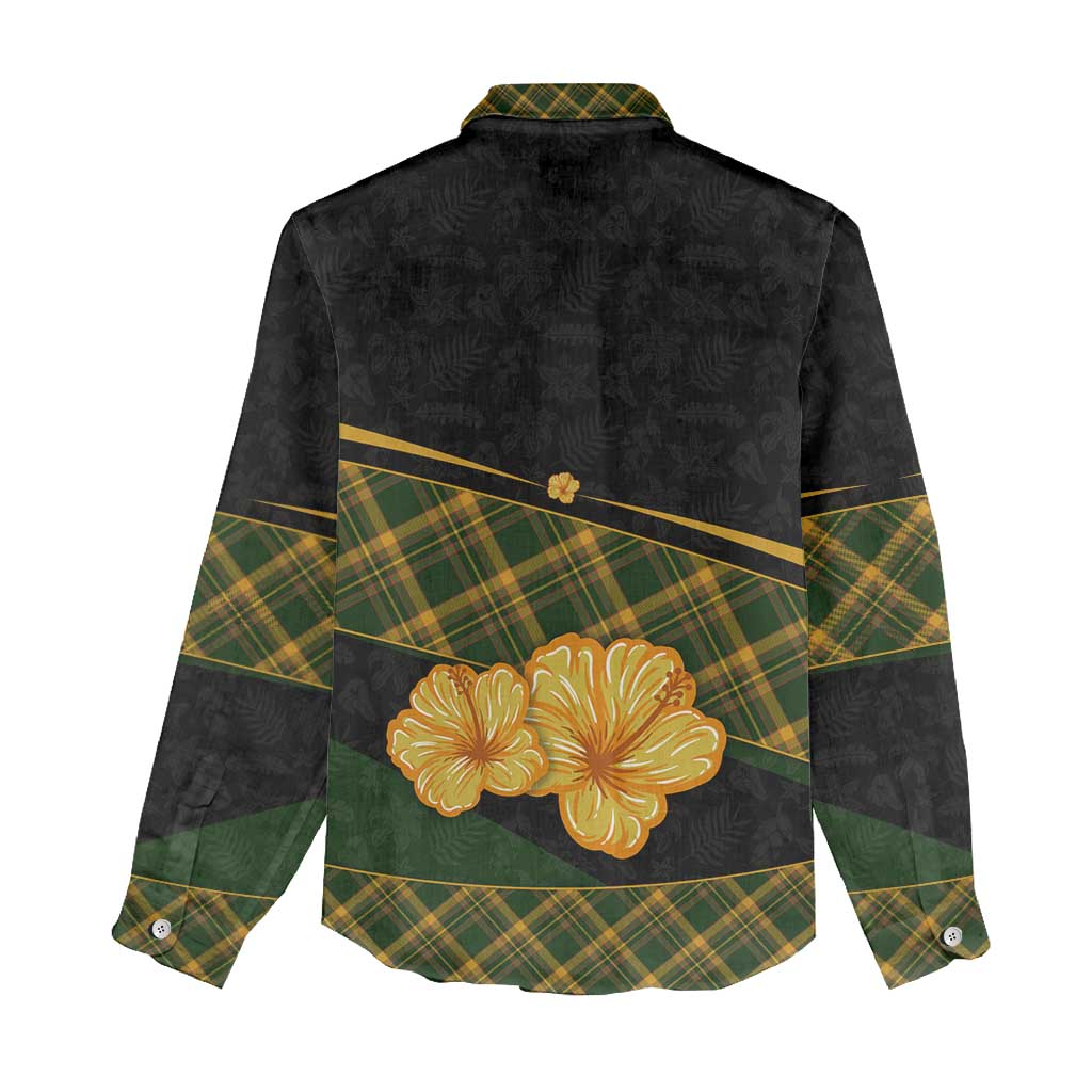 Martinique Heritage Women Casual Shirt Hibiscus Floral Design with Green and Yellow Madras Tartan