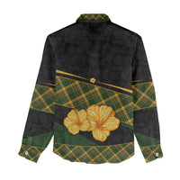 Martinique Heritage Women Casual Shirt Hibiscus Floral Design with Green and Yellow Madras Tartan