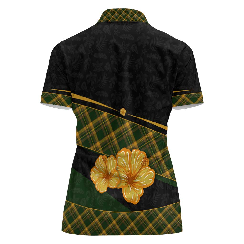 Martinique Heritage Women Polo Shirt Hibiscus Floral Design with Green and Yellow Madras Tartan