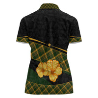 Martinique Heritage Women Polo Shirt Hibiscus Floral Design with Green and Yellow Madras Tartan