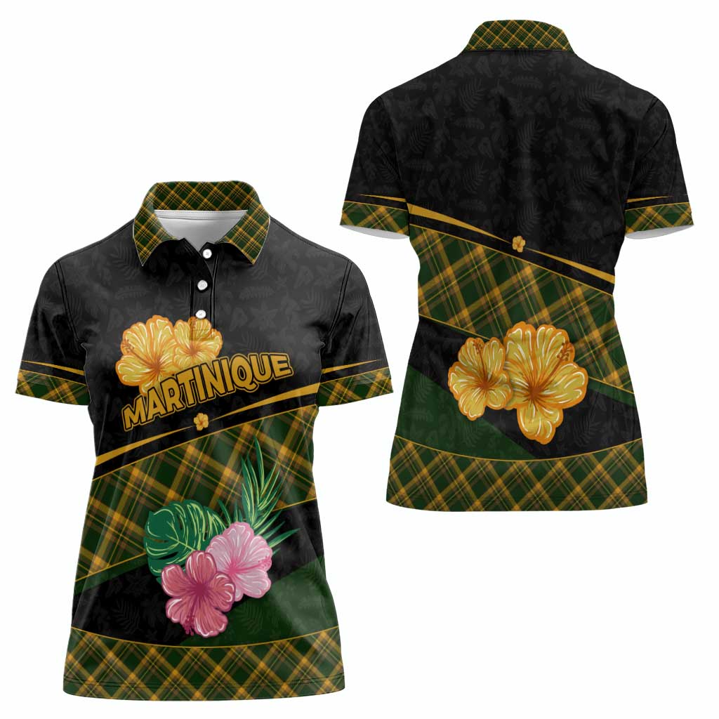 Martinique Heritage Women Polo Shirt Hibiscus Floral Design with Green and Yellow Madras Tartan