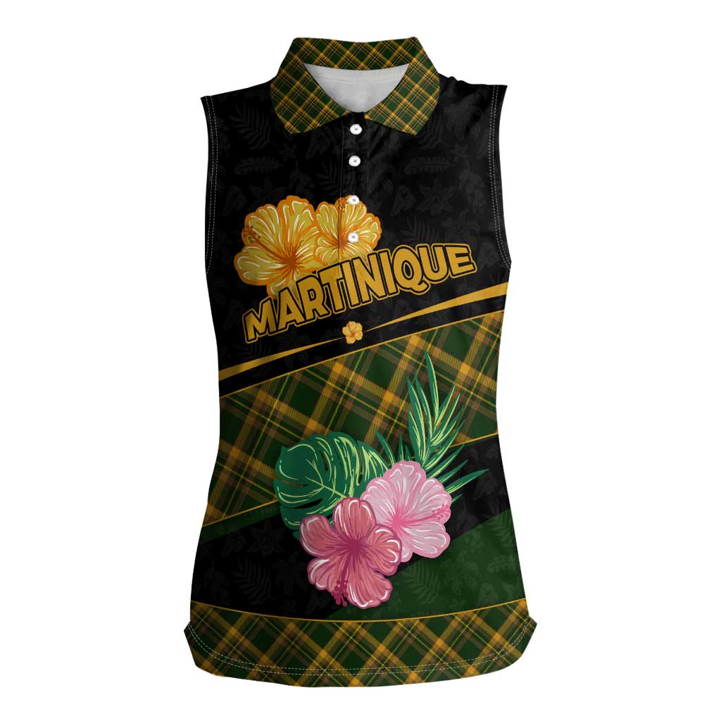 Martinique Heritage Women Sleeveless Polo Shirt Hibiscus Floral Design with Green and Yellow Madras Tartan