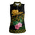 Martinique Heritage Women Sleeveless Polo Shirt Hibiscus Floral Design with Green and Yellow Madras Tartan