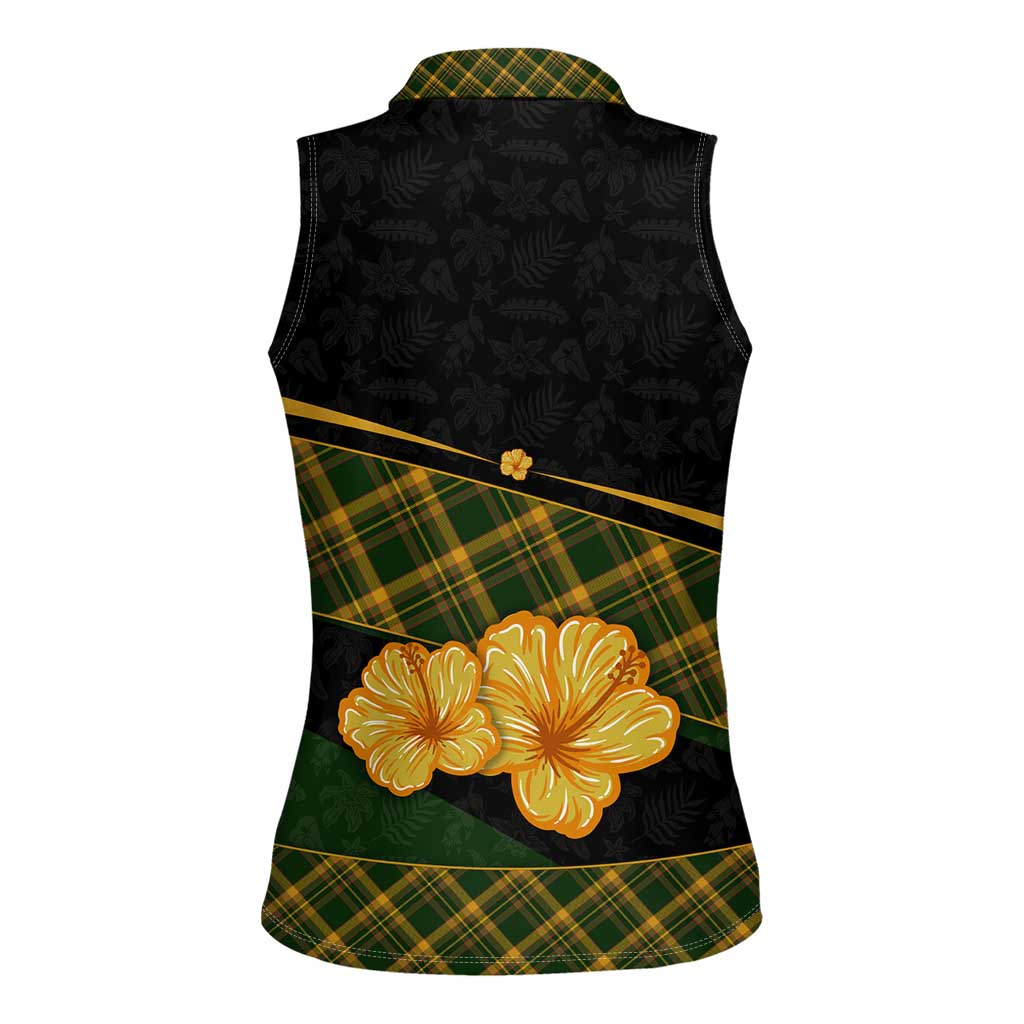 Martinique Heritage Women Sleeveless Polo Shirt Hibiscus Floral Design with Green and Yellow Madras Tartan