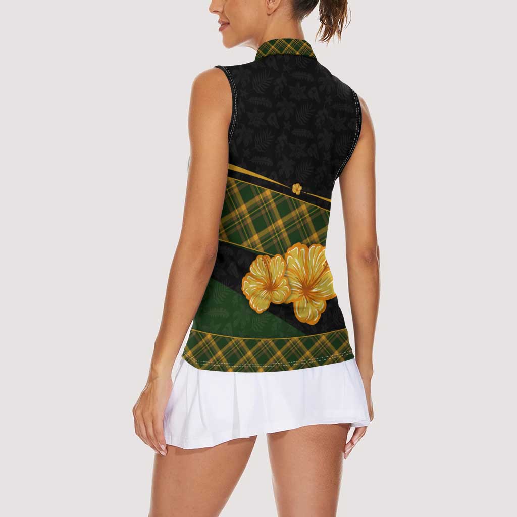 Martinique Heritage Women Sleeveless Polo Shirt Hibiscus Floral Design with Green and Yellow Madras Tartan