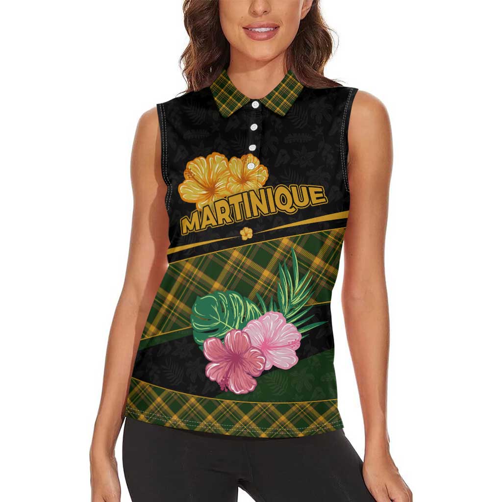 Martinique Heritage Women Sleeveless Polo Shirt Hibiscus Floral Design with Green and Yellow Madras Tartan