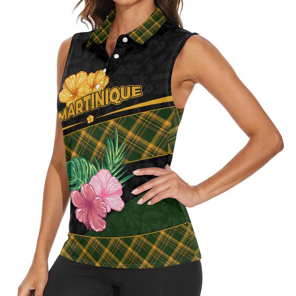 Martinique Heritage Women Sleeveless Polo Shirt Hibiscus Floral Design with Green and Yellow Madras Tartan