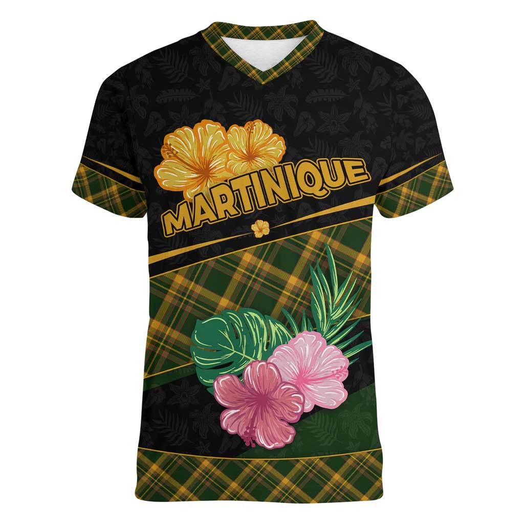 Martinique Heritage Women V-Neck T-Shirt Hibiscus Floral Design with Green and Yellow Madras Tartan