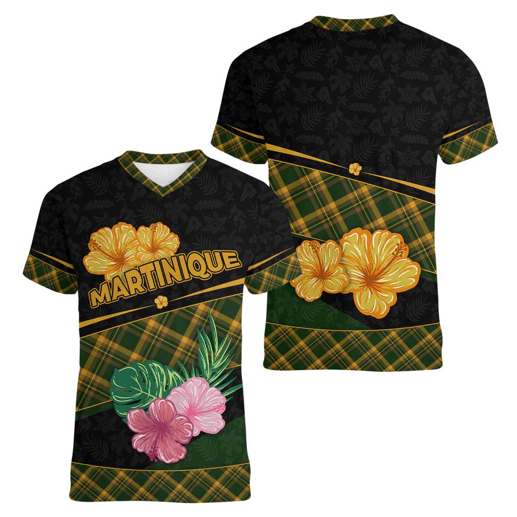 Martinique Heritage Women V-Neck T-Shirt Hibiscus Floral Design with Green and Yellow Madras Tartan