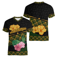 Martinique Heritage Women V-Neck T-Shirt Hibiscus Floral Design with Green and Yellow Madras Tartan
